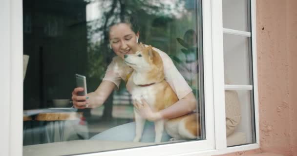 Дівчина бере селфі з собакою, сидячи на підвіконні в кафе, використовуючи смартфон — стокове відео