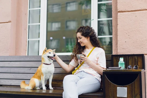 Happy young woman drinking tea outdoors in cafe stroking cute shiba inu puppy