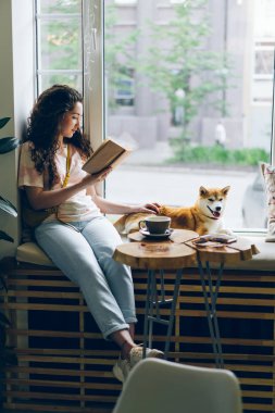 Mutlu genç kadın kafede pencere eşik üzerinde oturan kitap ve petting köpek zevk