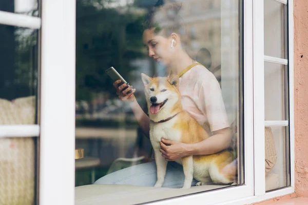 Lady luisteren naar muziek met draadloze koptelefoon met behulp van smartphone aaien hond — Stockfoto