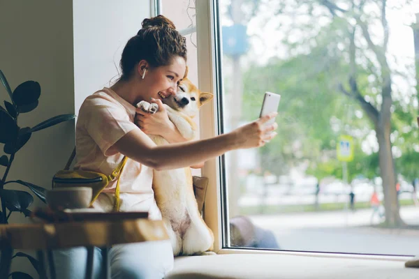 Allegro signora prendendo selfie con cagnolino in caffè utilizzando fotocamera smartphone — Foto Stock