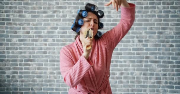 Joyful dona de casa com rolos de cabelo cantando em dança escova de cabelo se divertindo — Vídeo de Stock
