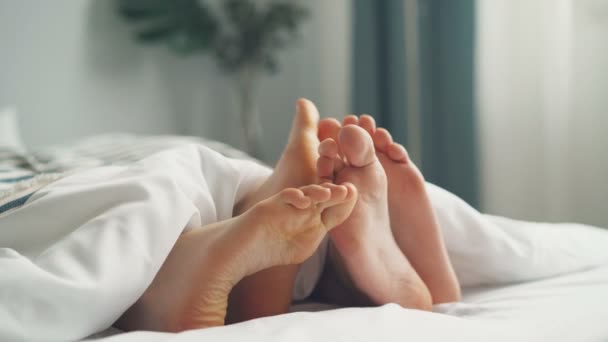 Masculino e feminino pés tocando sob cobertor no cama, casal deitado juntos — Vídeo de Stock