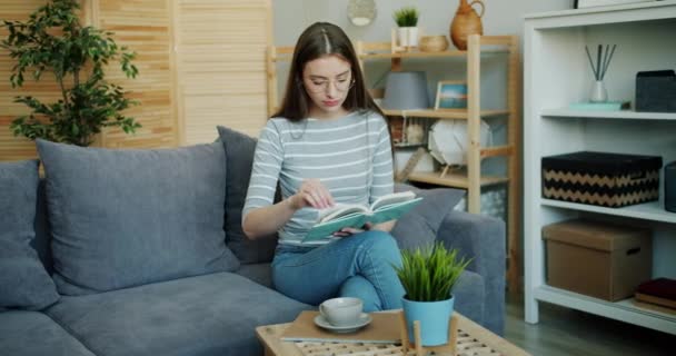 Jovencita inteligente en gafas libro de lectura sentado en cómodo sofá en piso — Vídeos de Stock