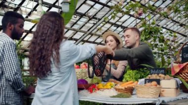 Sera pazarında tüketicilere organik sebze satan genç çiftçiler