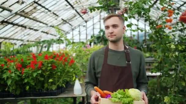 Slow Motion van knappe man lopen in kas Holding doos van biologisch voedsel — Stockvideo