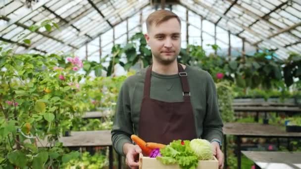 Медленное движение молодого фермера с коробкой свежих овощей в теплице — стоковое видео