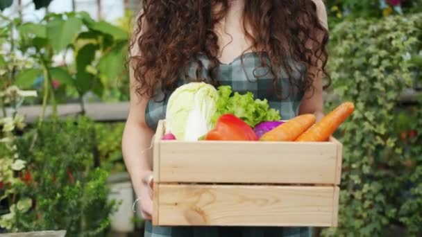 Movimiento lento de la mujer en la caja de transporte delantal de alimentos orgánicos caminando en invernadero — Vídeo de stock