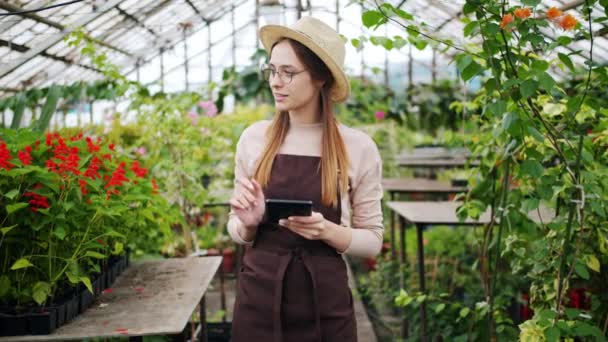 Retrato de dama usando tableta en invernadero tocando plantas de conteo de pantalla — Vídeos de Stock