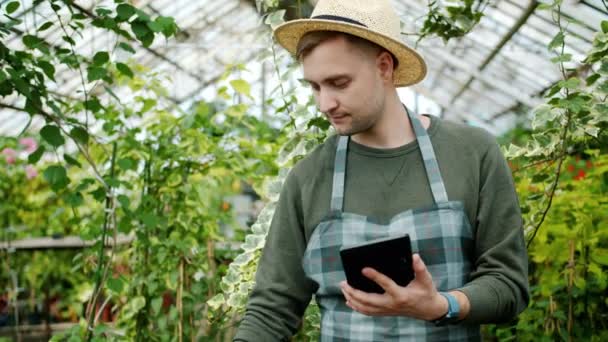 Slow motion of handsome young man using tablet in glasshouse working alone — Stock videók