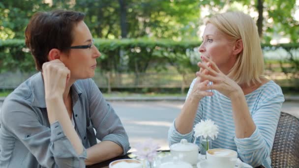 Glückliche reife Frauen plaudern im Café im Freien und entspannen sich am Tisch und genießen Gesellschaft — Stockvideo