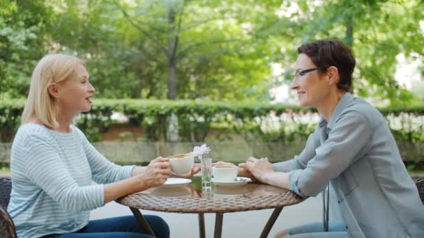 Kvinnliga vänner spottar kaffekoppar talar fira möte i gatukafé — Stockvideo