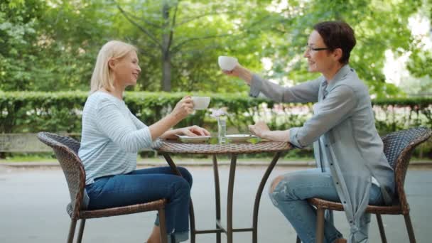 Медленное движение весёлых дамочек, бормочущих чашки чая, разговаривающих в кафе на открытом воздухе — стоковое видео