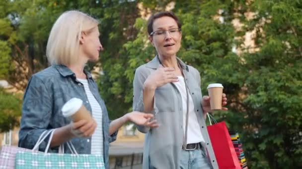 Mujeres felices charlando caminando en el parque con brillantes bolsas de compras y café — Vídeos de Stock
