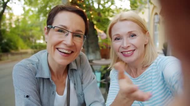 POV van vrienden maken online videogesprek praten zwaaien hand in outdoor café — Stockvideo