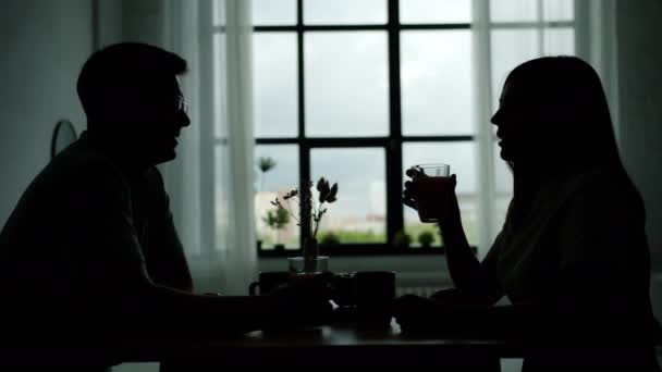 Silhouettes of man and woman clinking glasses at kitchen table talking drinking — Stock Video