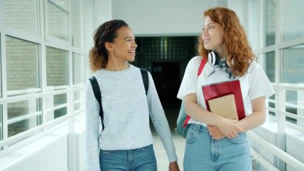 Chicas felices estudiantes caminando en la sala de la universidad con libros hablando riendo — Vídeos de Stock