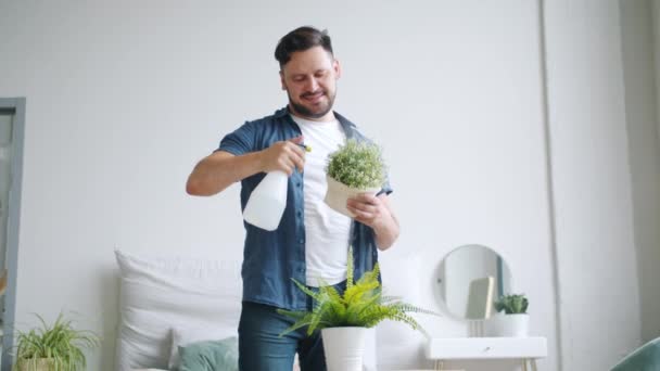 Movimento lento do cara sorridente polvilhando flores da casa em vasos cuidando de plantas — Vídeo de Stock
