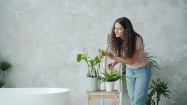 Slow motion of pretty lady caring for plants at home spraying with water — ストック動画