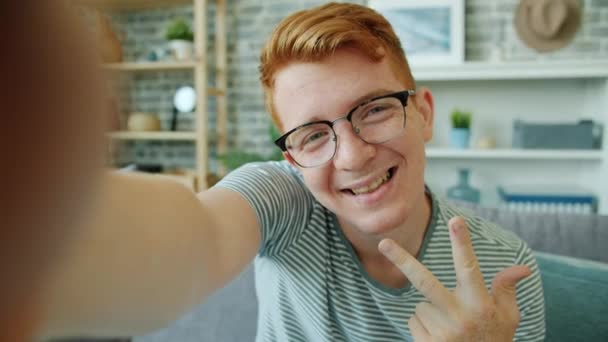 POV of joyful boy taking selfie at home showing v-sign smiling looking at camera — Stock Video