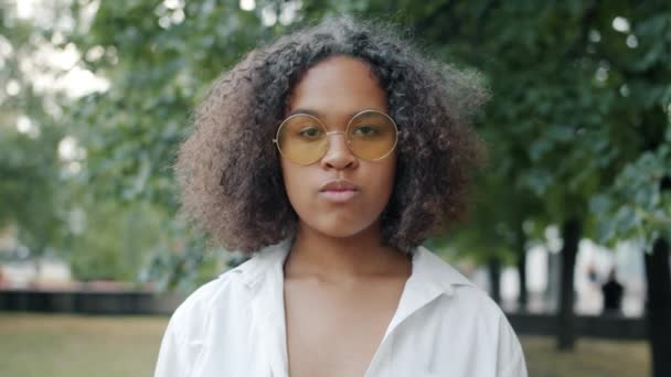 Langsom bevægelse af ung afrikansk amerikansk dame i solbriller i byparken udendørs – Stock-video