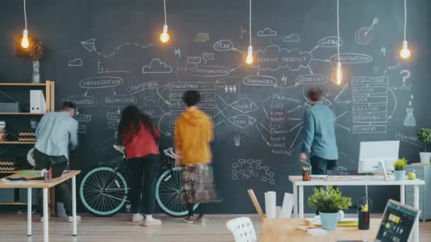 Tijdsverloop van een groep mensen die op een schoolbord schrijven en tekenen in een open kantoorruimte — Stockvideo
