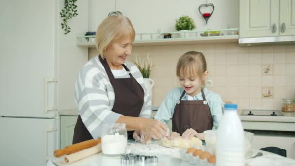 Αργή κίνηση του μικρού κοριτσιού ανάμειξη ζύμης, ενώ η γιαγιά διδάσκει την προετοιμασία ζαχαροπλαστικής στο σπίτι — Αρχείο Βίντεο