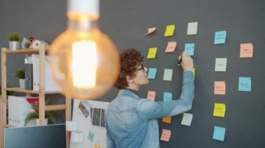 Ofisteki projede çalışan yaratıcı bir çalışan. Tahta duvarda renkli yapışkan notlar yazıyor.