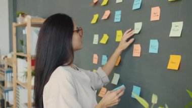 Ofis duvarına renkli çıkartmalar yapıştıran yapışkan notlarla çalışan yaratıcı genç kadın.