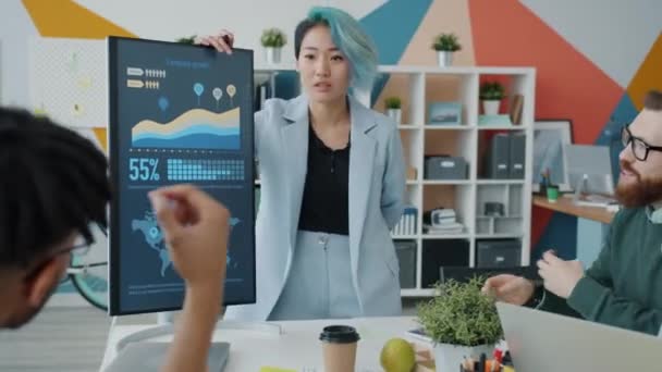 Equipo empresarial de jóvenes escuchando a la mujer asiática haciendo presentación con tablero electrónico — Vídeos de Stock