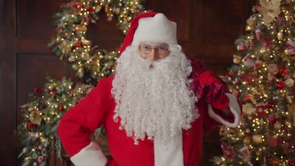 Portret van de Kerstman tas met geschenken in de buurt van de kerstboom in versierd huis — Stockvideo