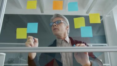 Olgun ofis çalışanı ofisindeki cam tahtaya parlak yapışkan notlar yazıyor.