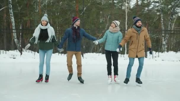 Joyeux jeunes filles et les gars de patinage sur glace dans le parc se tenant la main parler et rire — Video