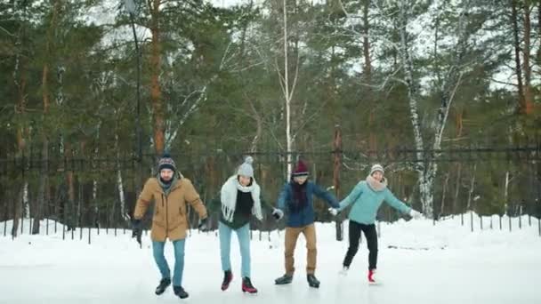 Zpomalený pohyb radostného mladého bruslení mluvení a smíchu v parku v zimní den — Stock video