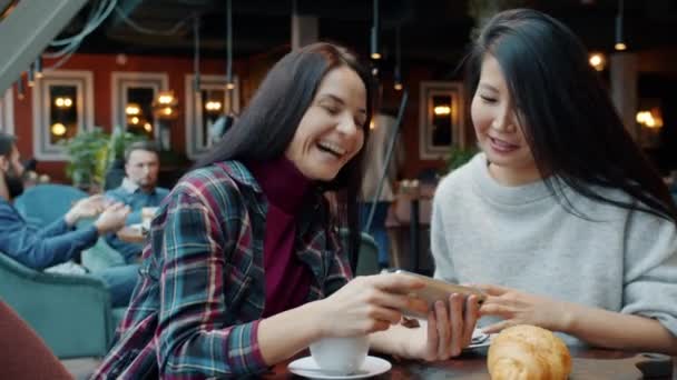 Fröhliche Freundinnen blicken im Café auf Smartphone-Bildschirm und unterhalten sich lachend — Stockvideo