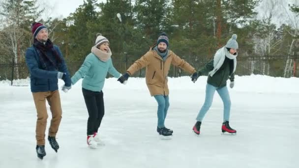 Többnemzetiségű férfiak és nők csoportja Ázsiai és kaukázusi jégkorcsolyázás a parkban — Stock videók