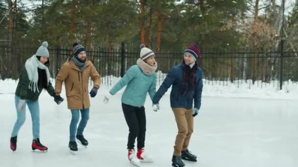 Mouvement lent des hommes et des femmes couples patinage sur glace et parler dans le parc en hiver — Video