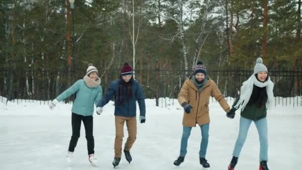 Parejas felices patinaje sobre hielo haciendo high-five durante la cita doble al aire libre en el parque de invierno — Vídeos de Stock