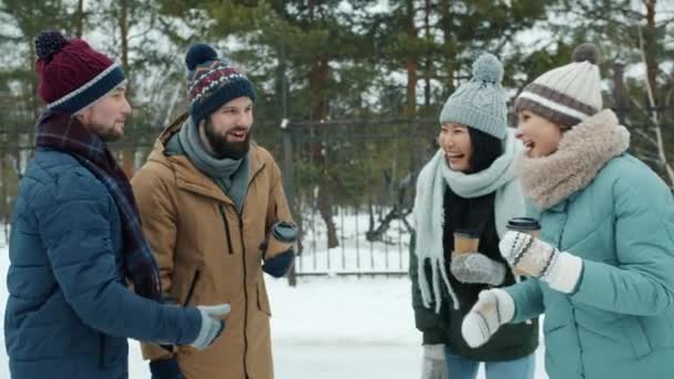 Amigos alegres falando rindo fazendo gesto de cinco mãos segurando café no parque de inverno — Vídeo de Stock