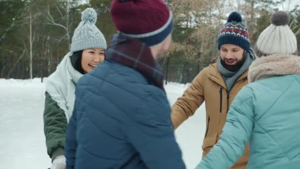 Zeitlupe fröhlicher Menschen beim Schlittschuhlaufen im Park — Stockvideo