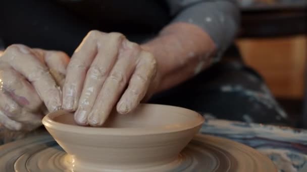 Close-up of potters hands making bowl from clay using throwing-wheel in workshop — Stock Video