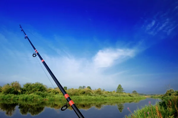 Fishing Rod River Green Bushes Trees Background — Stock Photo, Image