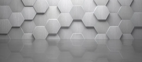 Habitación Creativa Vacía Con Pared Metal Alicatado Forma Hexágono Suelo — Foto de Stock