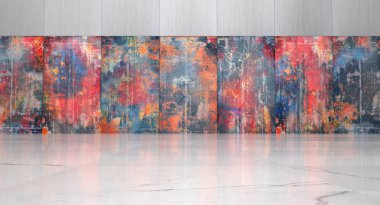 Yansıtıcı mermer zemin ve eski paslı duvarlar yaratıcı Oda (3d çizim)