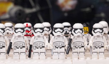 RUSSIA, May 16, 2018. Constructor Lego Star Wars. Mini-figures of soldiers of storm troopers from different episodes of the saga clipart