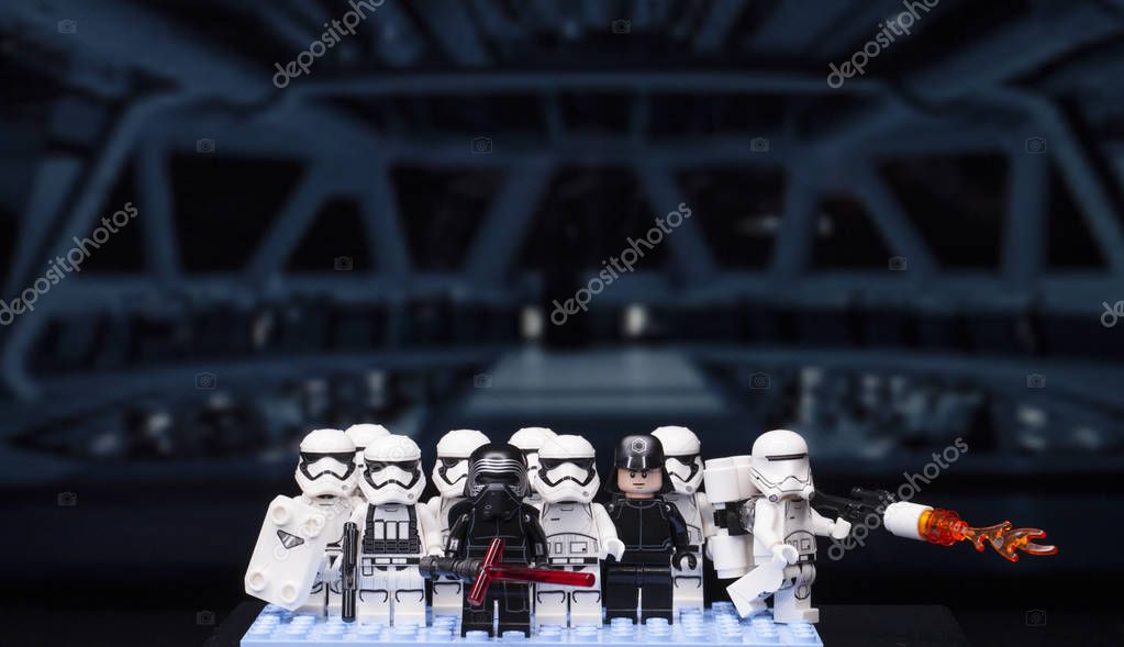 RUSSIAN, May 16, 2018. Lego star wars clone troopers army. Lego minifigures are manufactured by The Lego Group. Kylo Ren and the Stormroopers Team