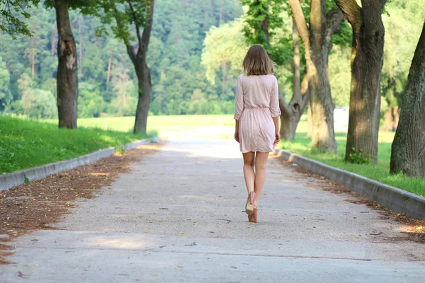 Arkadan Görünüm Tam Büyüme Yaz Park Yürüyordunuz Pembe Elbiseli Sarışın — Stok fotoğraf