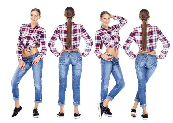 Colagem Modelos Foue Retrato Uma Jovem Morena Comprimento Total Jeans — Fotografia de Stock