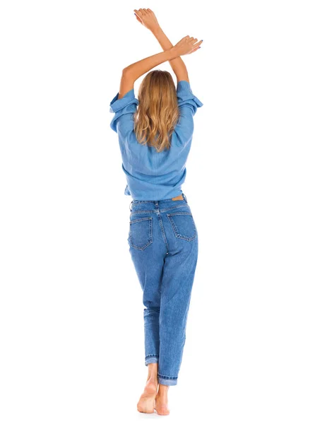 Widok Tyłu Mody Dżinsy Pełna Długość Portret Młodej Kobiety Blondynka — Zdjęcie stockowe