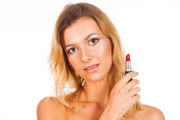 Makijaż Stylu Portret Młodej Kobiety Piękne Blondynka Pieprzyki Twarzy Bez — Zdjęcie stockowe